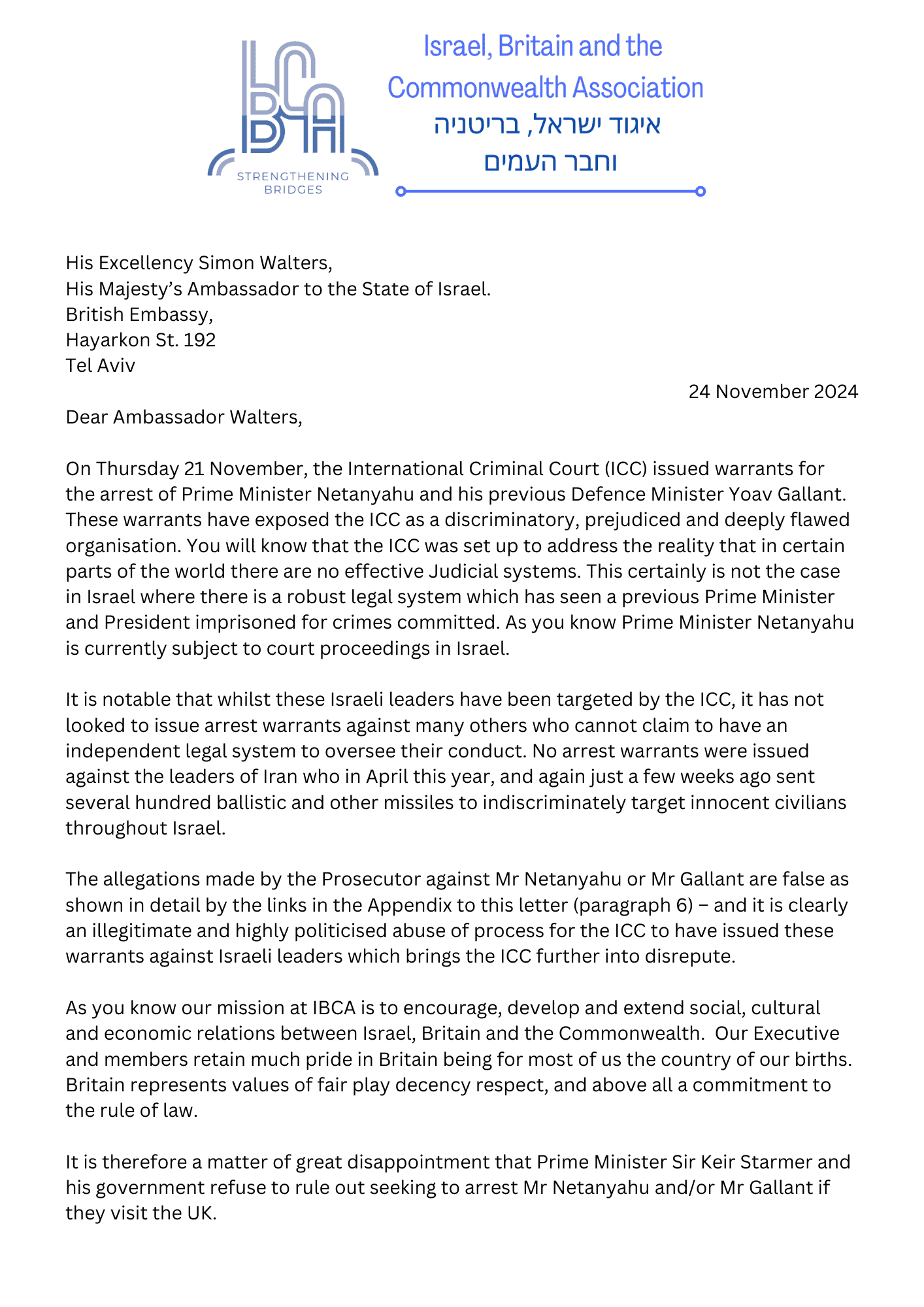 Letter from our Chair Melvin Berwald to the British Ambassador to Israel H. E. Simon Walters regarding the ICC